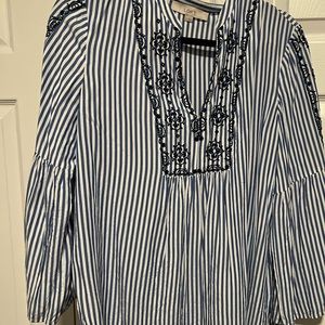 EUC Loft shirt with blue and white stripe and navy embroidery